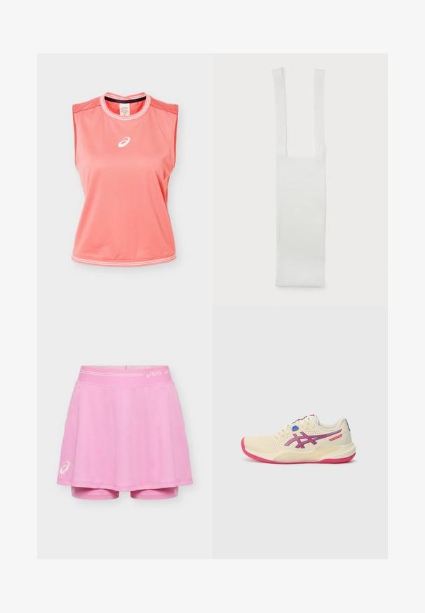 Ærmeløs atletisk tanktop i koralpink med hvide kanter på krave og kant, med hvidt Asics-logo centreret på brystet.; Pink atletisk skort med indbyggede shorts, med ASICS-logoer på linningen og venstre kant, vist på en ensfarvet baggrund.; Cremefarvet sportsko med en lyserød sål, blå og lilla accenter, perforeret overdel og design med rund tå.; Hvid bomuldsrem med to aflange håndtag, der har en glat tekstur og en rektangulær krop. Enkel design, ingen yderligere mønstre eller udsmykninger.