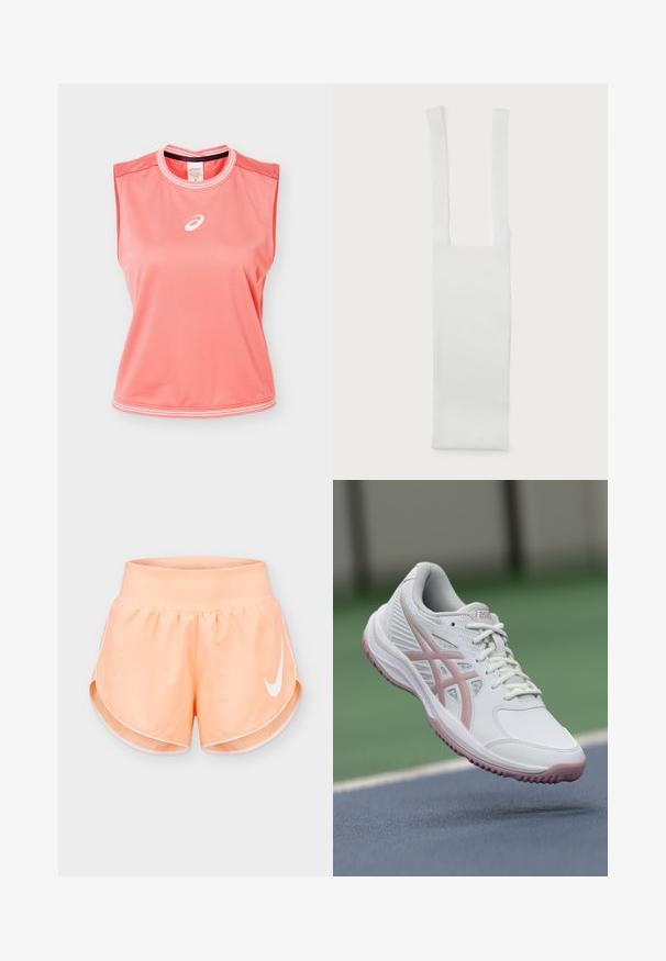 Ærmeløs atletisk tanktop i koralpink med hvide kanter på krave og kant, med hvidt Asics-logo centreret på brystet.; Ferskenfarvede atletikshorts med bred talje, hvid kant og stor hvid Nike-swoosh på højre ben.; Hvide sportssko med lyserøde accenter, syntetisk materiale, rund tå, mesh-sider og tekstureret sål. Snørering foran og ASICS-branding synlig.; Hvid bomuldsrem med to aflange håndtag, der har en glat tekstur og en rektangulær krop. Enkel design, ingen yderligere mønstre eller udsmykninger.