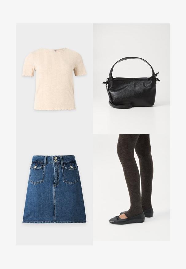Beige kortærmet striktop med rund halsudskæring og subtilt lodret ribmønster på ensartet lysegrå baggrund.; Denim nederdel i dyb blå, med en tætsiddende talje, to forlommer, to baglommer og sølvfarvede knaplukninger.; Ben iført mørke ribbede leggings kombineret med sorte balletsko med små sløjfedetaljer på hvid baggrund.; Sort læderhåndtaske med et struktureret design, rund tophåndtag og aftagelig skulderrem. Den har en glat tekstur og en subtil glans.