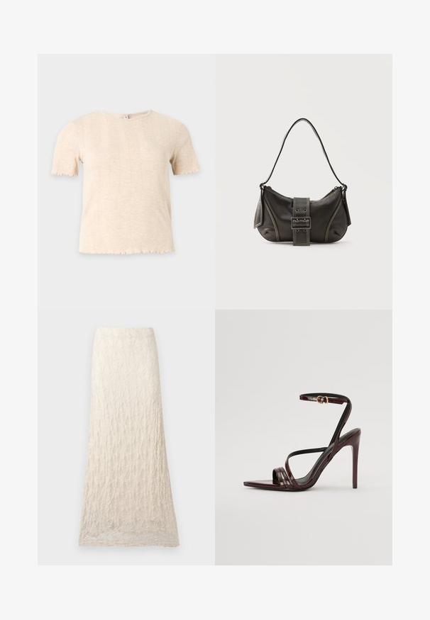 Haut tricoté beige à manches courtes avec col rond et motif côtelé vertical discret, sur fond uni gris clair.; Longue jupe en dentelle crème avec motif floral texturé et silhouette droite.; Sandale à talons hauts en cuir verni bourgogne avec une bride de cheville, bout pointu et trois bandes horizontales sur le pied. Détail de boucle dorée.; Sac à épaule en cuir noir avec une sangle à boucle, des bords arrondis et des coutures blanches contrastées sur un fond uni.