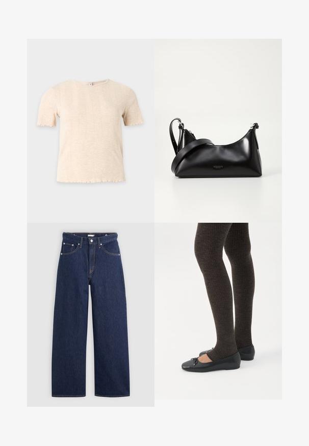 Haut tricoté beige à manches courtes avec col rond et motif côtelé vertical discret, sur fond uni gris clair.; Jeans en denim bleu foncé à jambes larges avec une taille haute, dotés de cinq poches, passants de ceinture et détails de couture en cuivre. Texture lisse.; Jambes portant des leggings côtelés foncés associés à des ballerines noires avec de petits détails en nœud sur fond blanc.; Sac à main en cuir noir avec une texture lisse. Dispose d'une bandoulière adjustable et d'un design élégant et minimaliste avec une fermeture éclair.