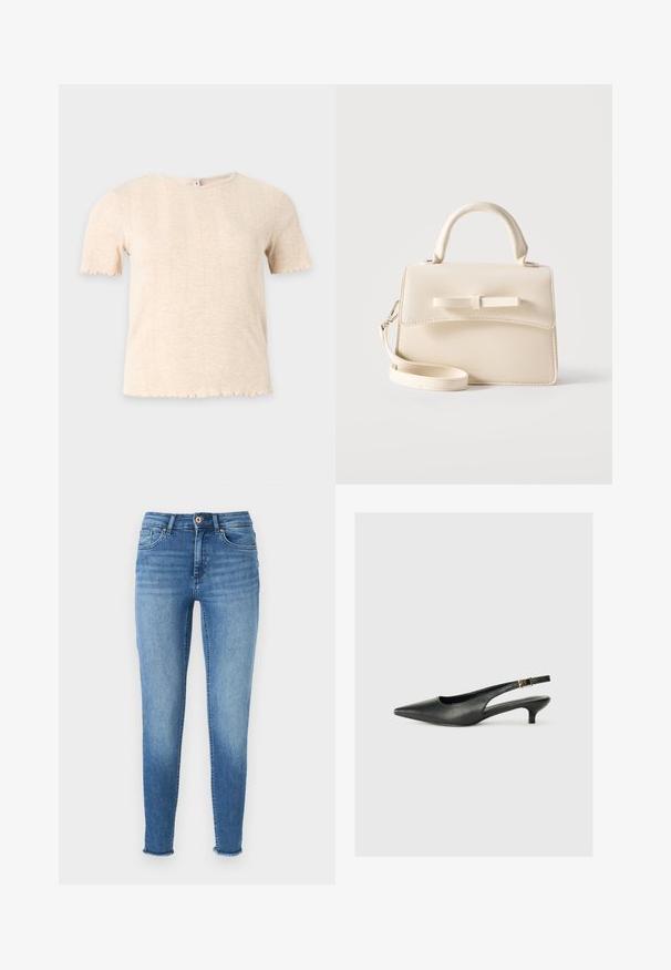 Beežika lühikeste varrukatega kootud top koos ümara kaelusega ja õrna vertikaalse soonikmustriga, helehalli ühevärvilise taustaga.; Sv light blue skinny jeans, millel on tuhmused ja udune pesu, valmistatud denimist. Omab nelja taskut, vööloopse ja narmendavaid ääri pahkluude juures.; Must musta säärega king, mis on valmistatud siledast nahast. Omab peenikest kontsa ja reguleeritaval rihmal on pandla detail.; Väike beež käekott ülemise sangaga, eemaldatava rihma, ees oleva klapi ja dekoratiivse horisontaalse lipsuga ühtlasel taustal.