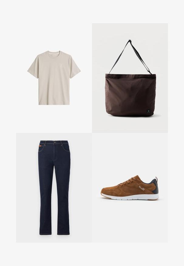 Beige T-shirt med korte ærmer og rund hals med lille tonet rundt logo på venstre bryst, vist på hvid baggrund.; Mørkeblå jeans med lige ben, frontknap og lynlås, for- og baglommer samt brune syninger.; Brune ruskind sneakers med hvid sål. Har perforeret detaljer, snørebånd foran og marineblå læderdetalje ved hælen.; Brun stof tote-bag med en glat tekstur, justerbar sort rem og sidelomme. Har et lille logo-tag foran.