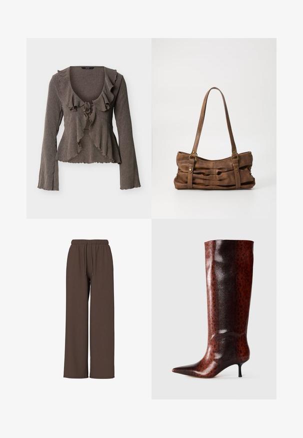Cardigan marron texturé à manches longues avec col à volants, fermeture à nouer sur le devant, et bords ondulés aux manches et à l'ourlet.; Pantalon large marron avec taille élastique et cordon, présenté sur un fond blanc uni. Aucun logo ou motif visible.; Botte de genou en cuir synthétique marron avec un bout pointu, présentant un motif de léopard texturé et un talon aiguille noir et fin.; Even&Odd by Zalando Sac à main - brown