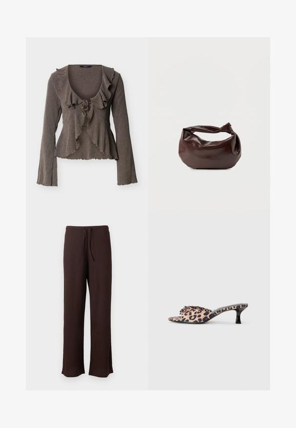 Cardigan marron texturé à manches longues avec col à volants, fermeture à nouer sur le devant, et bords ondulés aux manches et à l'ourlet.; Pantalon large texturé marron foncé avec ceinture élastique et cordon, présenté sur un fond clair uni.; Mules en imprimé léopard avec un petit talon aiguille noir. Tige en tissu doux avec un détail de nœud à l'avant et une semelle plate lisse.; Sac bandoulière en cuir marron foncé avec une forme souple et décontractée et une anse nouée torsadée sur un fond blanc uni.