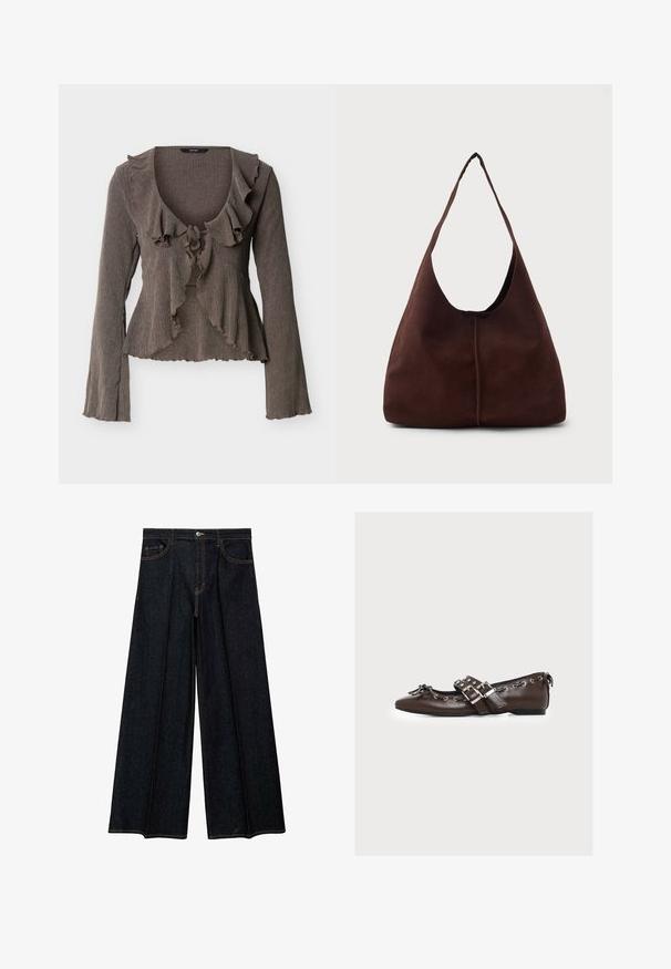 Brun tekstureret langærmet cardigan med flæsekrave, bindelukning foran og bølgede kanter på ærmer og kant.; Vide ben jeans i mørkt denim med høj talje, frontlommer og kontrastfarvet syning. Glat tekstur med en skræddersyet finish.; Brun læder flad sko med dobbelte sølvspænder, dekorative snørebånd langs kanterne og en lille sløjfe på den spidse tå.; Brun suedette hobo taske med en stor, buet åbning og en bred skulderrem. Har en centreret søm på forsiden. Glat tekstur.