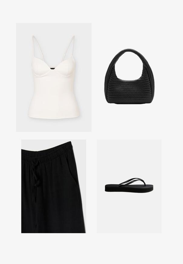 Weißes, eng anliegendes ärmelloses Camisole-Top mit dünnen, verstellbaren Spaghettiträgern und einem leichten herzförmigen Ausschnitt.; Schwarze Hose mit elastischem Bund und Kordelzug, bietet eine lockere Passform und Seitentaschen. Das Material wirkt weich und leicht.; Schwarze Gummiflips mit strukturierter Sohle und Y-förmigem Riemen, seitliche Ansicht vor schlichtem hellem Hintergrund.; Schwarze gewebte Lederschultertasche mit breitem Griff und halbmondförmiger Form.