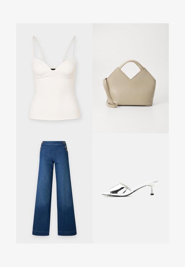 Hvid figursyet ærmeløs camisole-top med tynde, justerbare spaghetti-stropper og en let sweetheart-udskæring.; Denimbukser med vidde i benene i mørkeblå. Har en flad front med fem knapper i gylden tone til lukning. Glat tekstur med en klassisk finish.; Sølvfarvet åben tå slide sandale med lav kitten-hæl og skinnende metallisk finish på neutral baggrund.; Beige struktureret håndtaske med en V-formet top, glat lædermateriale, korte håndtag og et langt justerbart rem. Minimalistisk design.