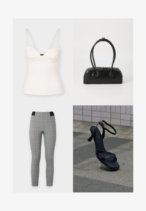 Hvid figursyet ærmeløs camisole-top med tynde, justerbare spaghetti-stropper og en let sweetheart-udskæring.; Grå ternede leggings med en tætsiddende pasform, der har en sort elastisk talje og sidelommer. Tekstureret stof med et ternet mønster.; Sort højhælet sandal med stropper og ankelspænde, der svæver over tekstureret gråt fortov med flisebelagt væg i baggrunden.; Sort læder håndtaske med to langstrakte håndtag, lynlåslukning og afrundet form; glat tekstur med en subtil blank finish.