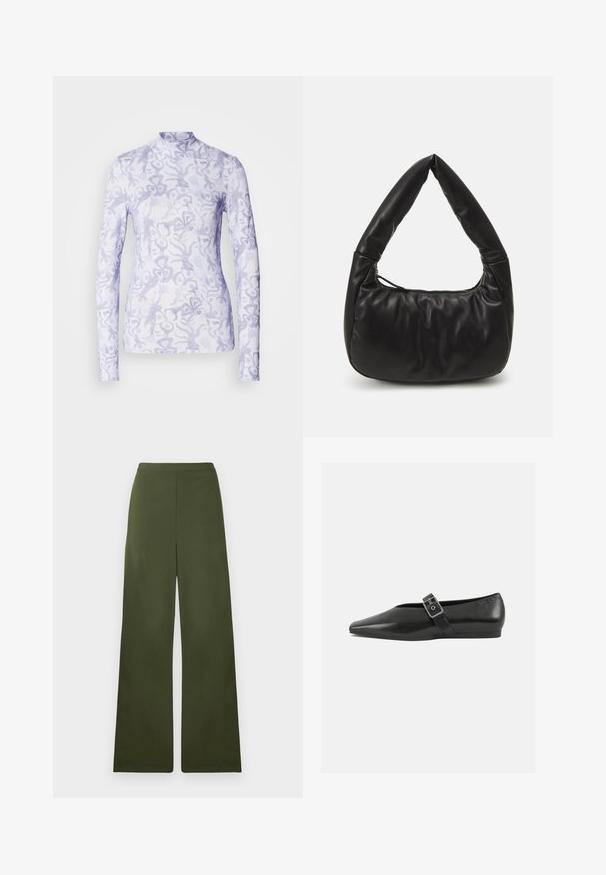 Scotch & Soda ALL OVER PRINTED MOCK NECK LONG SLEEVE - Langarmshirt - dancer lavender; Olivegrüne weit geschnittene Hosen mit glatter Textur und taillierter Taille. Keine sichtbaren Taschen oder Details, gefertigt aus einem leichten Material.; Schwarze Lederflachschuhe mit spitzem Zehenbereich, ausgestattet mit einem metallischen Riemen über dem Spann und einer niedrigen, flexiblen Sohle.; Schwarze Leder-Schultertasche mit lässigem Design, ausgestattet mit einem markanten, geknoteten Griff und einem Reißverschlussverschluss. Sanfte Textur über die gesamte Fläche.