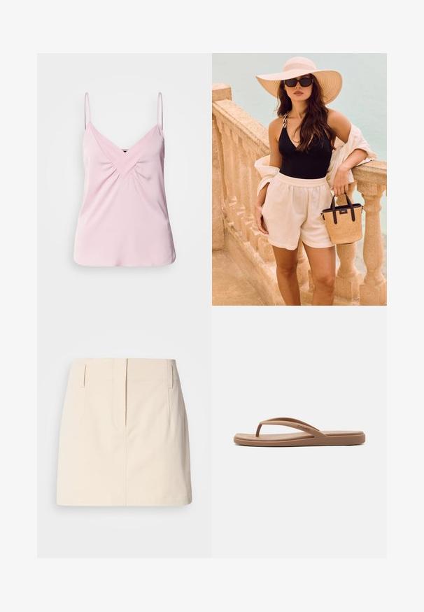 Lys pink ærmeløs top med V-hals og samlet detalje foran. Lavet af glat stof med tynde skulderstropper og en rund kant.; Calvin Klein Jeans SKIRT - A-snit nederdel - fog; Crocs MIAMI - Klipklapper - milk chocolate; Kvinde med langt hår iført en bredskygget hat, sort ærmeløs top, hvide shorts, solbriller og holder en lille flettet håndtaske ved en stenskinne.
