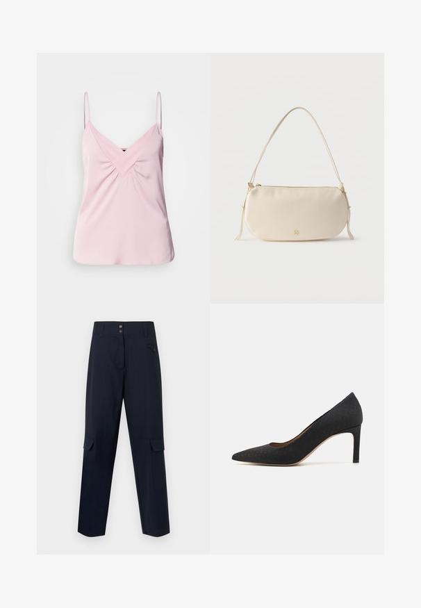 Haut sans manches rose clair avec un col en V et un détail froncé à l'avant. Fabriqué en tissu lisse avec des bretelles fines et un ourlet arrondi.; Pantalons cargo de la marine, fabriqués en matériau tissé, comprenant deux poches latérales, une fermeture à bouton et un design à jambe droite.; Chaussure à talon haut noire à bout pointu avec une surface texturée, un talon fin de 7,5 cm et une doublure intérieure lisse, conçue avec une silhouette classique.; Petit sac à épaule de couleur crème avec une seule sangle, fermeture éclair et logo de marque doré discret à l'avant.