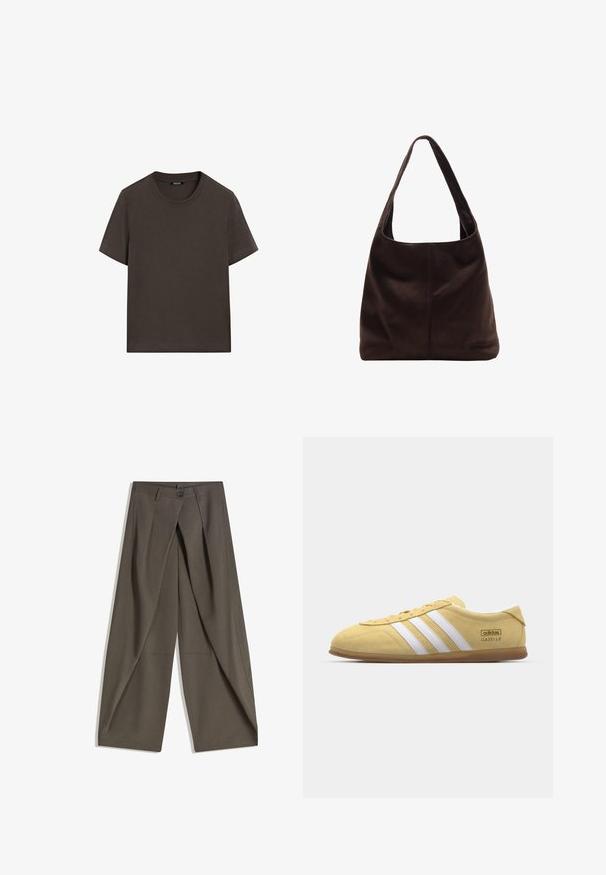 Mørkebrun kortærmet t-shirt lavet af bomuld. Har en rund halsudskæring og en afslappet pasform, uden synlige mønstre eller detaljer.; Vide bukser lavet af et struktureret, mørkegråt stof. Har en frontfald, knaplukning og sidelommer for praktisk anvendelse.; adidas Originals GAZELLE LO PRO W - Sneakers - almost yellow/footwear white; Brun ruskind skuldertaske med et bredt, fladt håndtag. Blød, ustruktureret design med en central søm. Ingen synlig hardware eller udsmykninger.