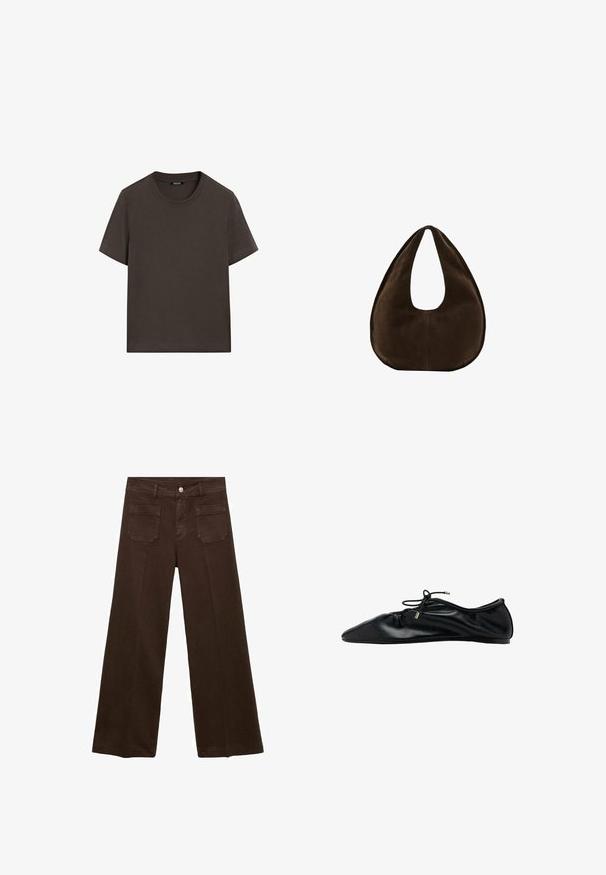 Dunkelbraunes T-Shirt mit kurzen Ärmeln aus Baumwolle. Verfügt über einen runden Halsausschnitt und eine lockere Passform, ohne sichtbare Muster oder Akzente.; Braune weit geschnittene Jeans aus Denim, mit hoher Taille, zwei Gesäßtaschen und einem vorderen Knopfverschluss. Glatte Textur, gerade Form.; Schwarzer Ballettflachschuh aus Leder mit geraffter Spitze und Schnürung mit Metallenden, minimalistischer und eleganter Seitenansicht.; Dunkelbraune Wildleder-Handtasche in Halbmondform mit einem breiten Riemen und glatter Textur vor weißem Hintergrund.
