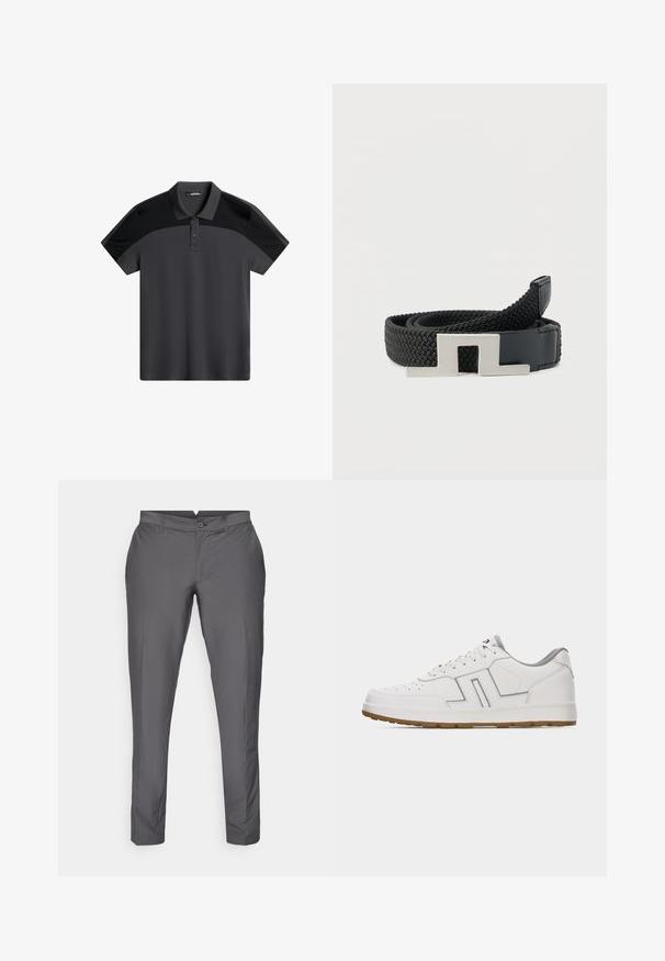 Mørkegrå polo t-shirt med korte ærmer og en to-knaps placket. Har kontrasterende sorte overpaneler og glat, let stof.; Grå bukser lavet af glat stof. Har en skræddersyet pasform med flad front, bæltestropper og knaplukning. Klassisk design.; Hvid sneaker med lavt skaft, gråt foer, perforeret tå, syningsdetaljer på panelerne, hvide snørebånd og sål i gummi mod en ensfarvet baggrund.; Sort vævet stofbælte med rektangulært sølvfarvet metalspænde og sort læderende, krøllet sammen på hvid baggrund.