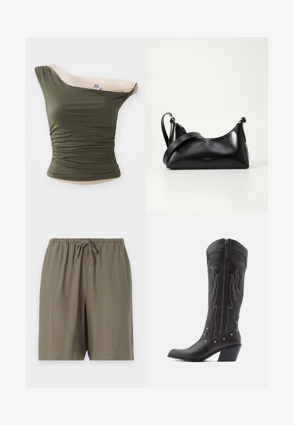 BDG Urban Outfitters FREYA TWIST - Toppi - khaki; Khaki-shortsit, jotka on valmistettu kevyestä kankaasta. Ominaisuuksiin kuuluu joustava vyötärö, jossa on nauhakiristys, sekä rento istuvuus. Yksinkertainen, yksivärinen muotoilu.; Ruskeat nahkaiset cowboy-saappaat liekkikirjailulla, sivuvetoketjulla, hopeisilla niiteillä, teräväreunaisilla kärjillä ja kerrostetulla korolla.; Mustat nahkakäsilaukku, jossa on sileä pinta. Varustettu säädettävällä hihnalla ja tyylikkäällä, minimalistisella muotoilulla, jossa on vetoketjukiinnitys.