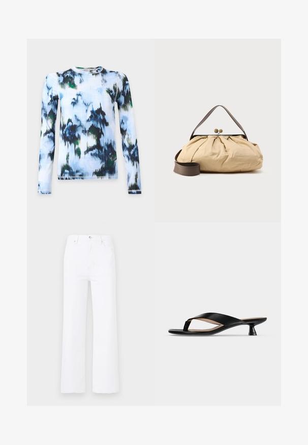 Chemise à manches longues avec un motif aquarelle abstrait bleu, noir, vert et blanc et un col rond sur fond uni.; Jean en denim blanc à taille haute et coupe évasée. Il présente des poches avant, une fermeture à bouton et des détails de couture discrets.; Sandale noire en cuir avec talon bas kitten et bout légèrement carré sur fond uni gris clair.; Sac en tissu beige avec un design froncé, poignée en cuir marron et deux fermetures métalliques rondes en haut. Sangle marron réglable incluse.