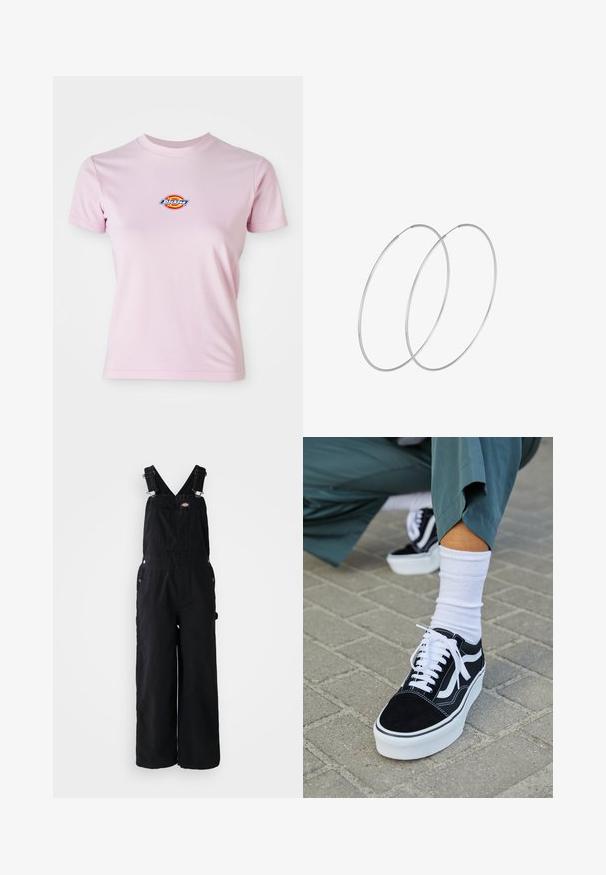 Lyserød bomulds t-shirt med korte ærmer, rund halsudskæring og et lille cirkulært logo i rød, gul og blå på brystet.; Sorte denim overalls med brede ben, justerbare skulderstropper, lomme foran og sølv hardware detaljer. Glat tekstur, minimalistisk design.; Sorte ruskinds sneakers med hvide accenter og snørebånd, der har en tyk hvid sål og kontrasterende syninger, parret med en hvid sok.; Sølvøreringe med et minimalistisk design. Cirkulær form, glat tekstur og tynd profil. Letvægtige med en poleret overflade.