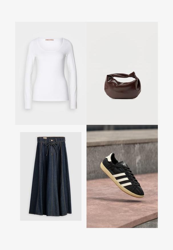 T-shirt en coton blanc à manches longues, avec un col rond et une coupe ajustée, au toucher doux et sans ornement.; Levi's® XL SKIRT - Jupe en jean - square circle; Baskets Adidas noires avec des bandes blanches et une semelle beige, capturées en plein air au-dessus d'une surface en pierre et d'un mur en pierre en arrière-plan.; Sac bandoulière en cuir marron foncé avec une forme souple et décontractée et une anse nouée torsadée sur un fond blanc uni.