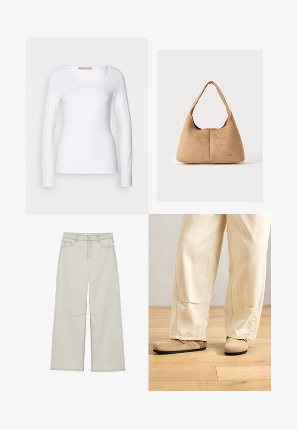 T-shirt en coton blanc à manches longues, avec un col rond et une coupe ajustée, au toucher doux et sans ornement.; Pantalons larges gris clair avec cinq poches, fermeture à bouton à l'avant et surpiqûres en contraste le long des coutures. Le tissu semble doux et durable.; Pantalons larges beiges portés avec des sabots en suède tan de style Birkenstock sur un sol en bois clair.; Petit sac à main en daim marron clair avec une seule bandoulière et un logo RAID discret à l'avant sur fond uni.