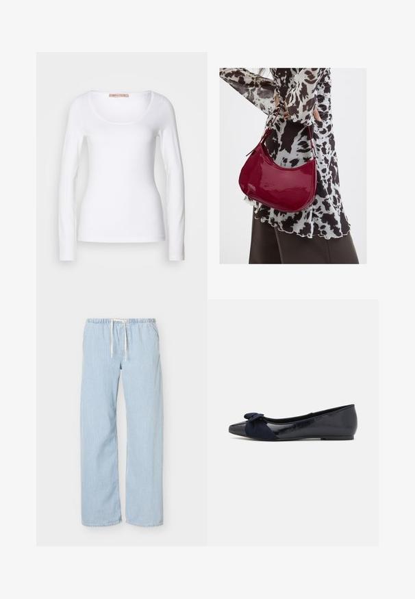 T-shirt en coton blanc à manches longues, avec un col rond et une coupe ajustée, au toucher doux et sans ornement.; Pantalon ample à rayures verticales bleu clair et blanc, taille élastique avec cordon blanc sur fond uni.; Ballerines navy avec une finition laquée brillante et un détail en suède texturé en forme de nœud sur le bout, présentant un bout rond et une semelle plate.; Femme portant un chemisier à motif noir et blanc tenant un sac à main rouge brillant sur un fond uni.