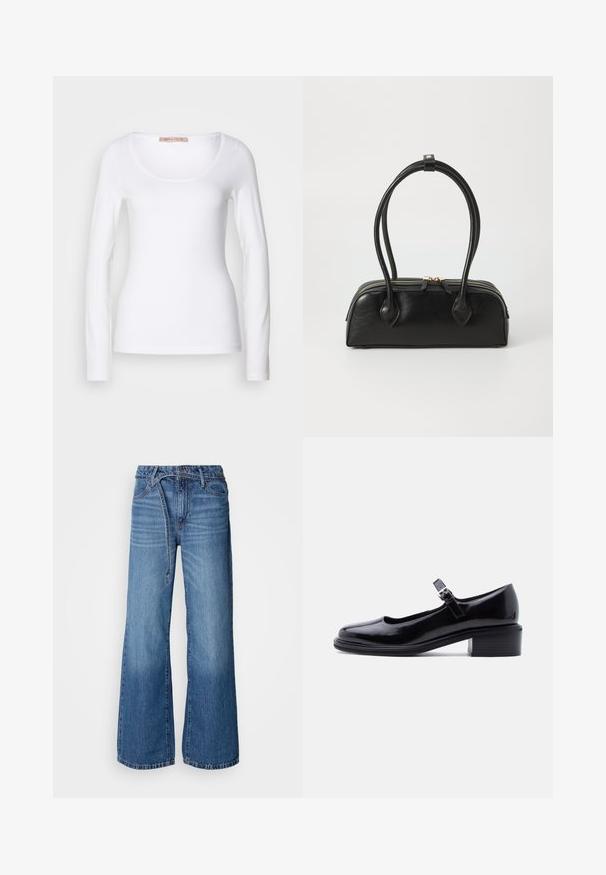T-shirt en coton blanc à manches longues, avec un col rond et une coupe ajustée, au toucher doux et sans ornement.; Jean large bleu clair en denim. Présente une taille haute, des coutures visibles et une ceinture à nouer. Texture décolorée vers le bas.; Chaussure Mary Jane en cuir verni noir avec petit talon carré et bride réglable à boucle, sur fond clair uni.; Sac à main en cuir noir avec deux anses allongées, fermeture éclair et forme arrondie ; texture lisse avec une finition légèrement brillante.