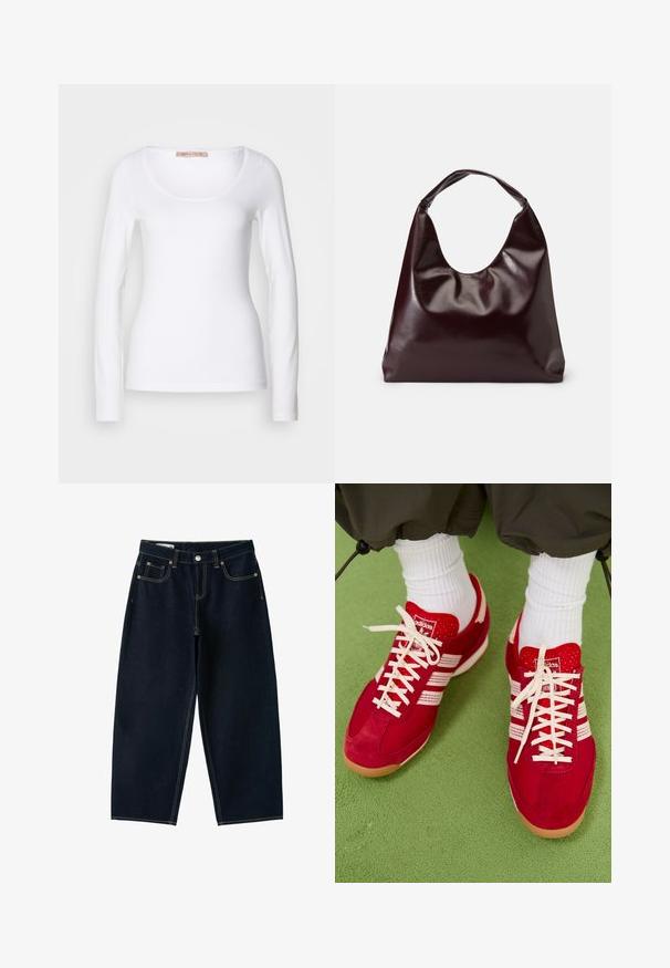 Langærmet hvid bomulds T-shirt med rund halsudskæring og tætsiddende design, med glat tekstur og uden udsmykninger.; Mørkeblå jeans med brede ben og høj talje, foran knap, lynlås og fem lommer med synlige sømme.; Røde ruskind og mesh sportssko med hvide striber og snørebånd. Gummisål. Båret med hvide ribbede sokker på en grøn tekstureret overflade.; Bordeaux, skinnende vegansk læder tote taske med en blød, skulpturel form og et bredt, buet håndtag for nem bæring.