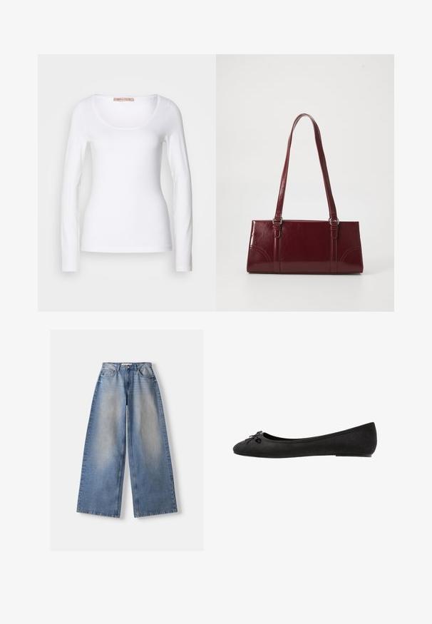 Langærmet hvid bomulds T-shirt med rund halsudskæring og tætsiddende design, med glat tekstur og uden udsmykninger.; Lyseblå vidde jeans med falmet front, fem-lomme stil, knap- og lynlåslukning, lagt fladt på en hvid baggrund.; Sorte ruskind ballet flats med rund tå, prydet med en dekorativ sløjfe på forsiden og flad sål. Glat tekstur og klassisk form.; Bordeaux håndtaske lavet af glansfuldt materiale, rektangulær form, med to skulderremme og subtile buede detaljer på forsiden.