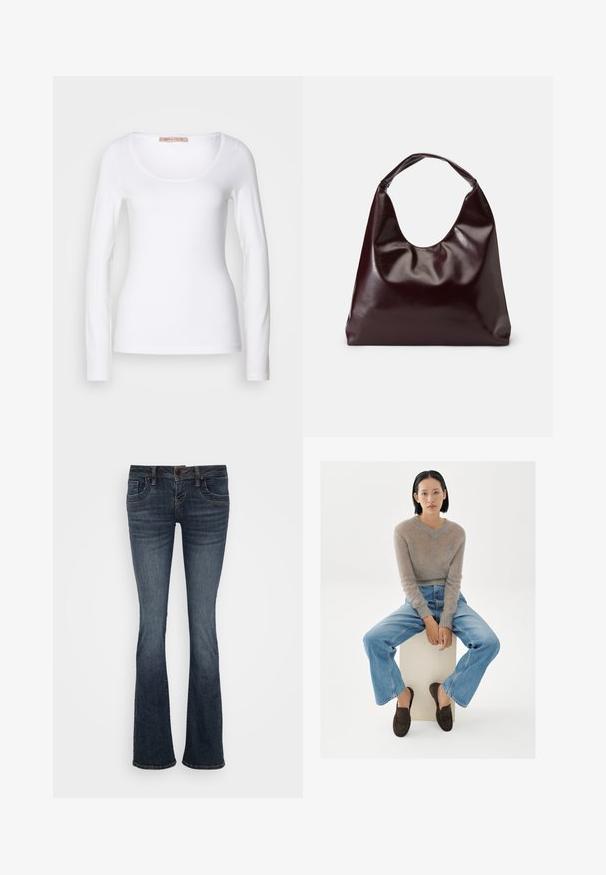 Witte katoenen T-shirt met lange mouwen, voorzien van een ronde halslijn en een getailleerd ontwerp, met een gladde textuur en zonder versieringen.; Donkerblauwe uitlopende jeans met een middelhoge taille, vijf zakken en subtiele stiksels. Gemaakt van denim met een gladde textuur.; Jonge vrouw met kort zwart haar zit op een wit blok, gekleed in een beige, zacht gebreide trui, blauwe jeans en donkerbruine loafers, tegen een witte achtergrond.; Bordeaux, glanzende vegan leren totebag met een zachte, sculpturale vorm en een brede, gebogen handgreep voor makkelijk dragen.