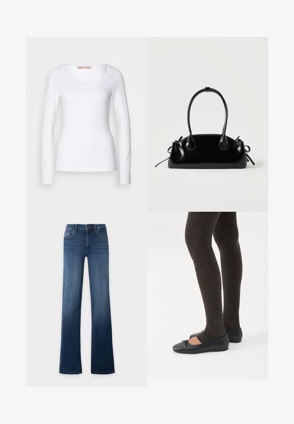 Langärmliges, weißes Baumwoll-T-Shirt mit einem U-Ausschnitt und einer figurbetonten Passform, glatter Textur und ohne Verzierung.; Blaue High-Waist-Jeans mit geradem Bein, Knopf- und Reißverschluss, Vorder- und Gesäßtaschen, auf schlichtem, hellem Hintergrund dargestellt.; Beine in dunklen, gerippten Leggings kombiniert mit schwarzen Ballerinas mit kleinen Schleifendetails auf weißem Hintergrund.; Kleine schwarze glänzende Handtasche mit zwei langen Griffen und seitlichen Kordelzug-Details vor einfachem hellem Hintergrund.