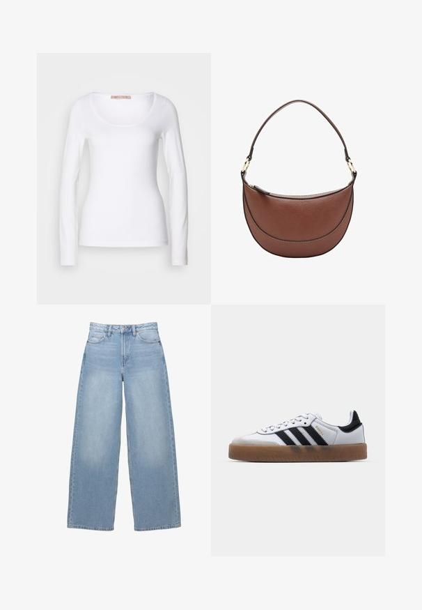 Langærmet hvid bomulds T-shirt med rund halsudskæring og tætsiddende design, med glat tekstur og uden udsmykninger.; Lysblå, brede jeans lavet af denim. Har høj talje, forlommer og knaplukning. Glat tekstur med diskret udtoning.; Hvide lædersneakers med sorte striber, gummirubber sål, rund tå, snørelukning og blød grå ruskinds tåhætte.; Brun skuldertaske i læder med en buet form, et slankt håndtag og kontrasterende syninger. Har lynlås og guldfarvede metaldetaljer.