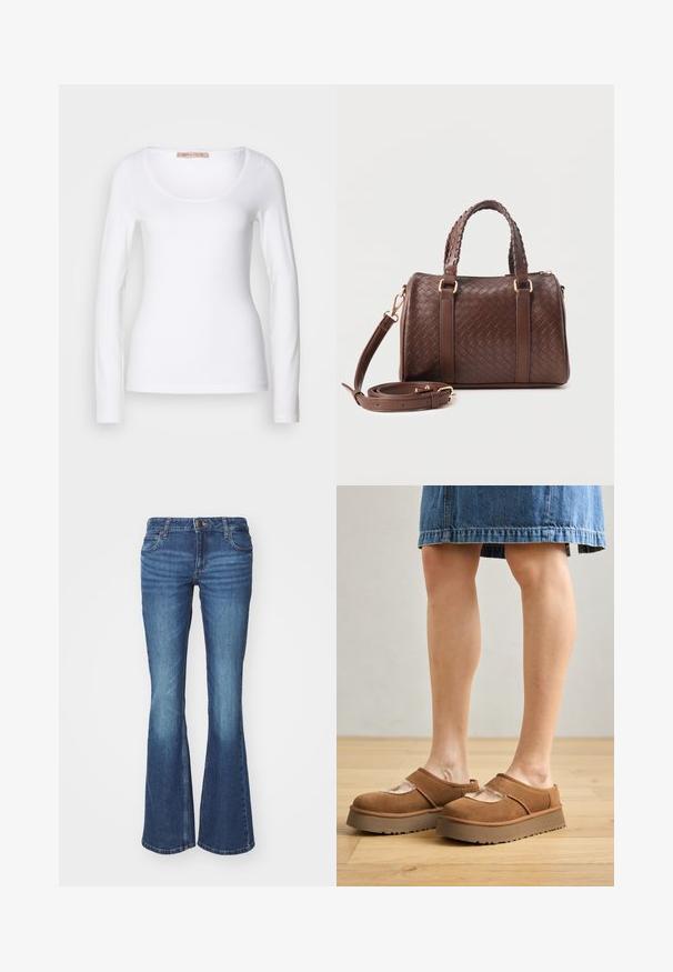 Langærmet hvid bomulds T-shirt med rund halsudskæring og tætsiddende design, med glat tekstur og uden udsmykninger.; Udsvingede jeans i middelblå denim. Har en lynlås foran med en metalknap, to forlommer og falmning detaljer nær knæene.; Brune ruskindsplatformsko med en rund tå, udskæringer og en solid sål, ledsaget af en denimnederdel i en indstilling med trægulv.; Mørkebrun flettet læderhåndtaske med to fletninger som håndtag, gyldent metalbeslag og aftagelig skulderrem, der er snoet foran.