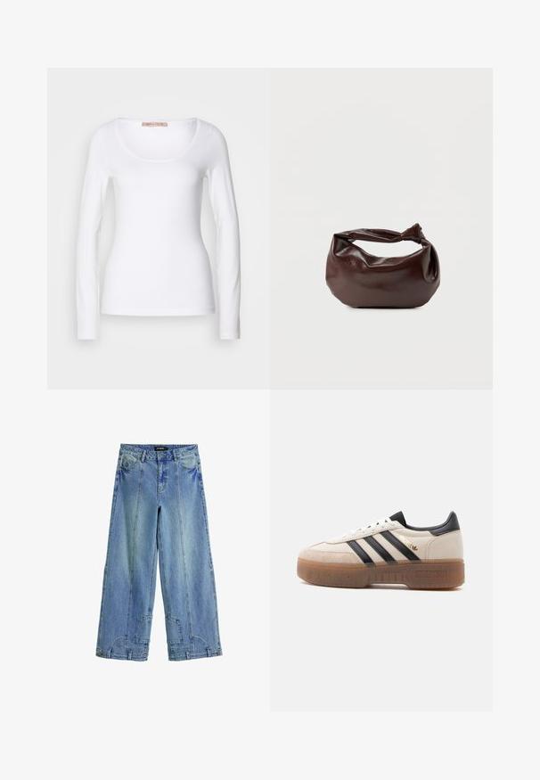 Langærmet hvid bomulds T-shirt med rund halsudskæring og tætsiddende design, med glat tekstur og uden udsmykninger.; Lysblå, brede jeans i denim med høj talje, markante syninger og lappe-lignende detaljer på baglommerne.; Hvid og beige sneaker med sorte striber, sort hælflig, "Spezial"-label i guld og tyk gennemsigtig brun sål.; Mørkebrun læder skuldertaske med en blød, afslappet form og et snoet knudehåndtag på en ensartet hvid baggrund.