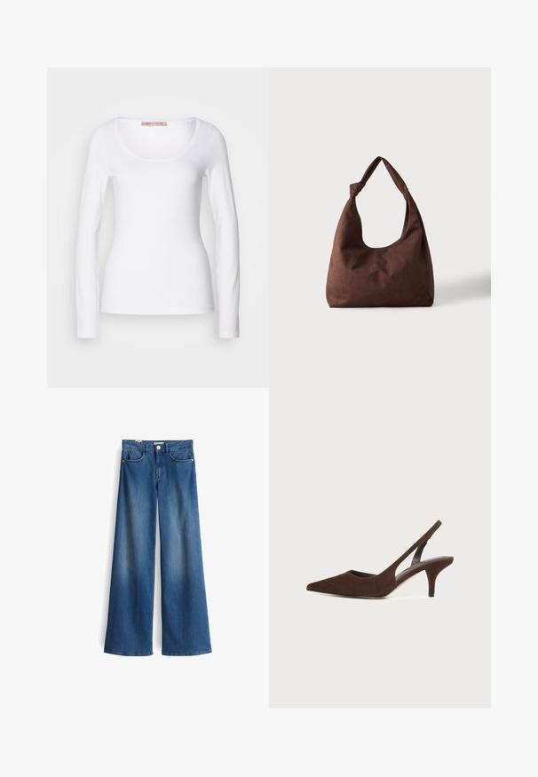 Langärmliges, weißes Baumwoll-T-Shirt mit einem U-Ausschnitt und einer figurbetonten Passform, glatter Textur und ohne Verzierung.; Weite Jeans aus Denim in Mittelblau mit glatter Textur. Verfügt über zwei Fronttaschen und einen klassischen Knopfverschluss in der Taille.; Dunkelbrauner Velours-Slingback-Pumps mit spitzer Kappe und kleinem Absatz auf schlichtem hellem Hintergrund.; Braune strukturierte Stoffhandtasche mit einem einzelnen Griff, der zu einem Knoten gebunden ist, vor einem einfachen hellen Hintergrund dargestellt.
