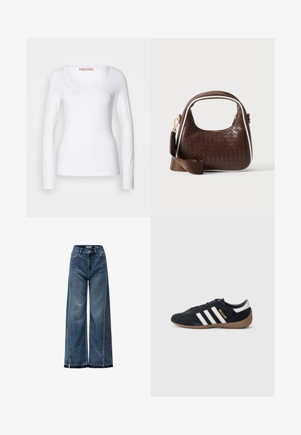 Witte katoenen T-shirt met lange mouwen, voorzien van een ronde halslijn en een getailleerd ontwerp, met een gladde textuur en zonder versieringen.; Brede blauwe denim jeans met een hoge taille, voorzien van subtiele wassing, contrasterende stiksel en een onafgebroken rand bij de enkel.; Zwarte suède sneaker met drie witte strepen, een rubberen gumzool en een klein gouden logo aan de zijkant. Heeft een gladde zwarte binnenvoering.; Bruine geweven leren handtas met witte bies, gouden ritssluiting en afneembare bruine stoffen schouderriem.