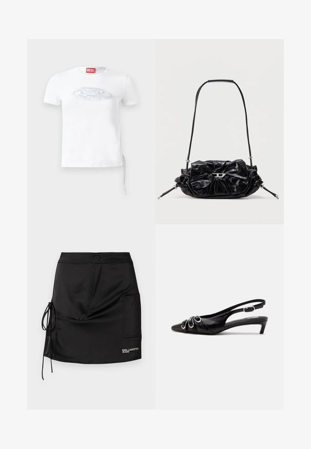 Camiseta blanca de manga corta confeccionada en algodón, con un sutil logo en relieve en azul grisáceo en el pecho y detalle de cordón lateral.; Falda corta negra de satén con cierre de botones, detalle de lazo lateral y un bolsillo parche con la marca "KARL LAGERFELD JEANS".; Zapato slingback de cuero negro con punta puntiaguda, tres hebillas plateadas en la parte delantera y tacón bajo tipo «kitten» sobre fondo blanco.; Bolso de mano de cuero negro con diseño fruncido y detalle de lazo en la parte frontal. Cuenta con un asa corta y detalles metálicos en color plata.