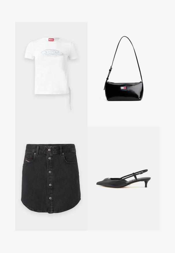 Hvid kortærmet t-shirt lavet af bomuld, med et diskret præget logo i blågrå på brystet og justerbar snørredetalje i siden.; Sort denim miniskørt med frontmetalknapper, to forlommer, bæltestropper og buet kant.; Sorte slingback-sko med spids tå, lavet af glat materiale, med en lille hæl og en dekorativ sølvaccent på vamps.; Sort patenteret læder skuldertaske med en buet rem, lynlåslukning og et rektangulært logo patch i rød, hvid og blå.
