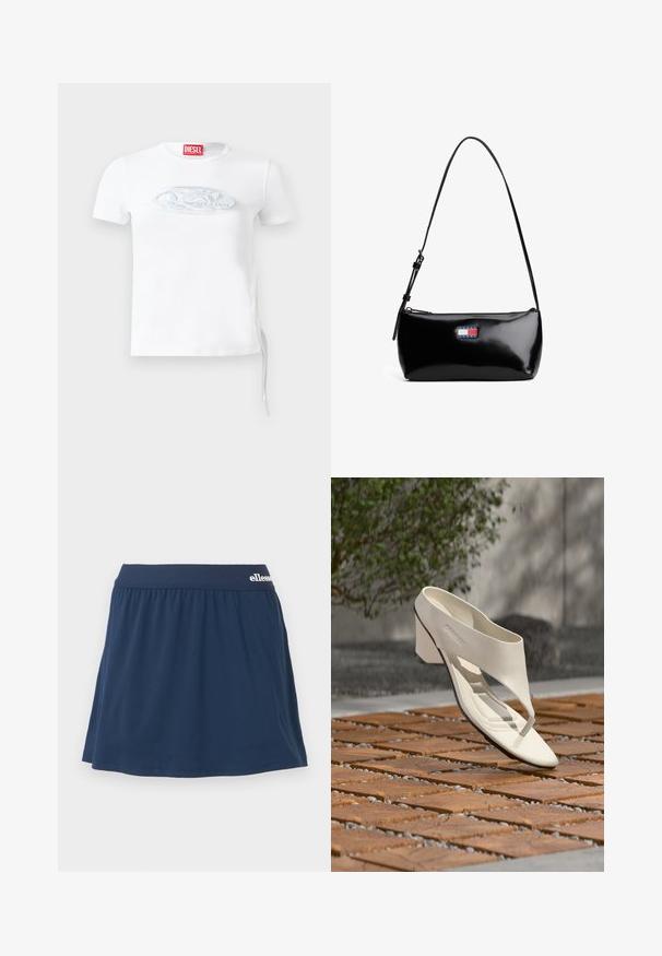 Λευκό βαμβακερό κοντομάνικο T-shirt, με διακριτικό ανάγλυφο λογότυπο σε μπλε-γκρι στο στήθος και λεπτομέρεια με κορδόνι στο πλάι.; Μπλέ σκούρο, μαλακό σορτς με ελαστική μέση. Διαθέτει συγκεντρωμένη σχεδίαση και ένα μικρό λογότυπο στη μέση.; Λευκό δερμάτινο πέδιλο με τακούνι, ευρύ λουρί και δέσιμο μεταξύ των δακτύλων, εκτεθειμένο σε εξωτερικό χώρο πάνω σε ξύλινη και χαλίκι πλακόστρωτη επιφάνεια με πράσινα φυτά στο φόντο.; Μαύρη πατενταρισμένη δερμάτινη τσάντα ώμου με καμπύλη λουρί, κλείσιμο με φερμουάρ και ορθογώνιο μάρκων σε κόκκινο, λευκό και μπλε χρώμα.