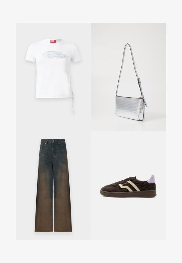 Valge lühikeste varrukatega puuvillane t-särk, mille rinnal on sinakas-halli tooni peen reljeefne logo ja külgedel paelaga detail.; Laiad säärega teksad tumesinisest denimist, millel on gradient fade tumepruunist heledaks, klassikalise viie taskuga disain ja metallist nööpsulgur.; Tumepruun sametise tekstuuriga toss pruuni beežide küljeribade, paeltega disaini, lilla kandmispaneeli ja kummist tallaga valgel taustal.; Hõbedane risti üle õla kott, millel on stiilne disain, reljeefne logo muster, reguleeritav rihm ja sile metalliline tekstuur. Lukuga sulgemine.