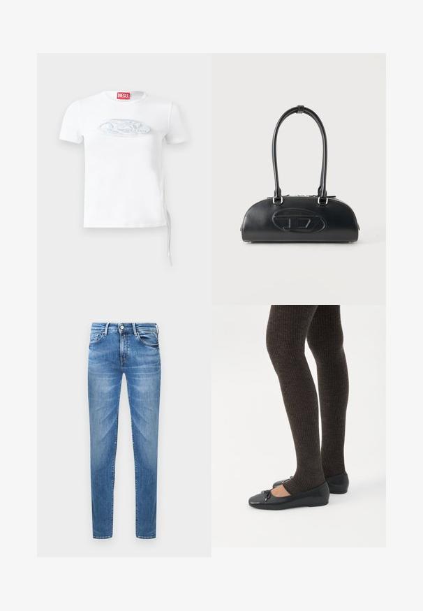 Weißes kurzärmeliges T-Shirt aus Baumwolle mit einem dezenten, in Blau-Grau geprägten Logo auf der Brust und einer seitlichen Kordelzug-Detail.; Hellblaue Jeans aus Denim im Slim-Fit. Merkmale sind ein Knopfverschluss, fünf Taschen und eine gewischte Textur an den Oberschenkeln.; Beine in dunklen, gerippten Leggings kombiniert mit schwarzen Ballerinas mit kleinen Schleifendetails auf weißem Hintergrund.; Schwarze Lederhandtasche mit langen doppelten Griffen und geprägtem ovalem Logo auf der Vorderseite, vor einem schlichten hellen Hintergrund gezeigt.