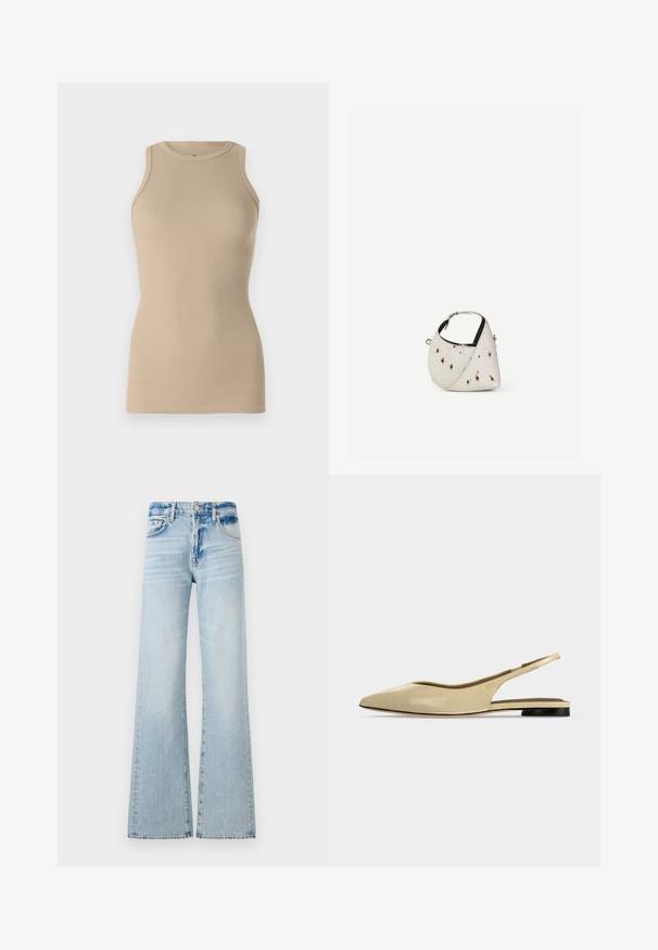 Replay Top - stone ivory; Helle blaue weit geschnittene Jeans aus Denim, mit mittelhohem Bund, fünf Taschen und Kontrastnähten sowie einem verwaschenen Finish.; Beiger Slingback-Ballerina mit spitzer Kappe, niedrigem schwarzem Absatz und glattem Lederfinish, seitlich auf einfarbigem Hintergrund gezeigt.; Kleine weiße Handtasche mit braunen Flecken, abgerundete dreieckige Form, schwarze Innenfutter und kurzer verstellbarer Riemen mit silberner Schnalle.