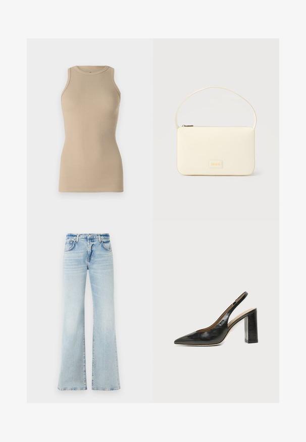 Replay Top - stone ivory; Uitlopende lichtblauwe denim jeans met een zachte textuur, vijf zakken en een knoopsluiting. Heeft vervaging voor een versleten effect.; Zwarte leren slingback schoen met spits toelopend neusje, hoge blokhak en beige binnenvoering tegen een effen lichte achtergrond.; Roomkleurige rechthoekige handtas met een enkele draagband en een ritssluiting aan de bovenkant, met een klein ingegraveerd logoplacaat op de voorkant.