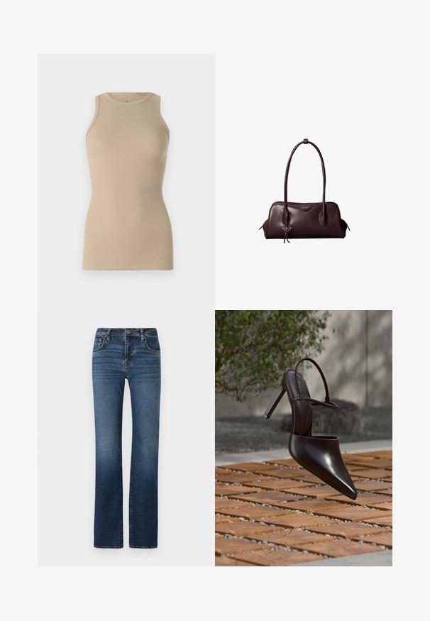 Replay Top - stone ivory; Dunkelblaue Denim-Jeans mit einem geraden Bein-Design, hoher Taille, dezentem Verblassen, fünf Taschen und Metallknopfverschluss.; Glänzender schwarzer Mule mit hohem Absatz, spitzer Zehenpartie und Knöchelriemen, schwebend über einer Oberfläche aus terrakottafarbenen Fliesen mit Kieslücken.; Dunkelbraune Lederhandtasche von Calvin Klein mit langen doppelten Griffen und einem kleinen Logoanhänger, der an einem Griff hängt.