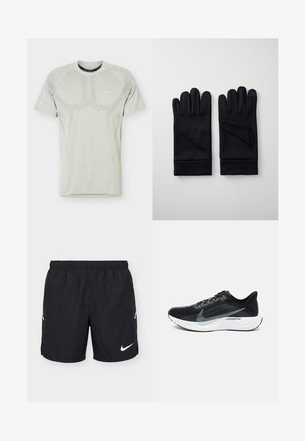 T-shirt de sport gris clair à manches courtes avec motif perforé et petits logos Nike swoosh blancs sur la poitrine et la manche.; Shorts de sport noirs avec ceinture élastique, logo Nike swoosh blanc sur la partie avant de la jambe droite, et rayures blanches sur les côtés.; Chaussure de sport noire avec une tige en mesh respirant, des accents gris, une semelle blanche rembourrée et un design élégant et épuré.; Gants en polyester noirs avec une texture lisse, des doigts ajustés et un poignet replié pour un maintien sûr. Bout de doigt compatible avec les écrans tactiles.