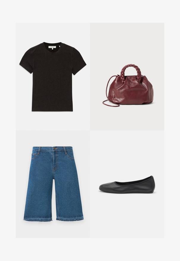 Sort kortærmet ribbet strik T-shirt med rund halsudskæring og synlig mærkelabel ved kraven.; Blå denim shorts til knæene med frynset kant, frontknap og lommer på en ensfarvet hvid baggrund.; Sort læderballetsko med rund tå, glat tekstur, minimal syning og et fleksibelt såldesign.; Burgundy lædertaske med et flet-håndtag, blød tekstur og en rund form. Har en aftagelig skulderrem for alsidighed.