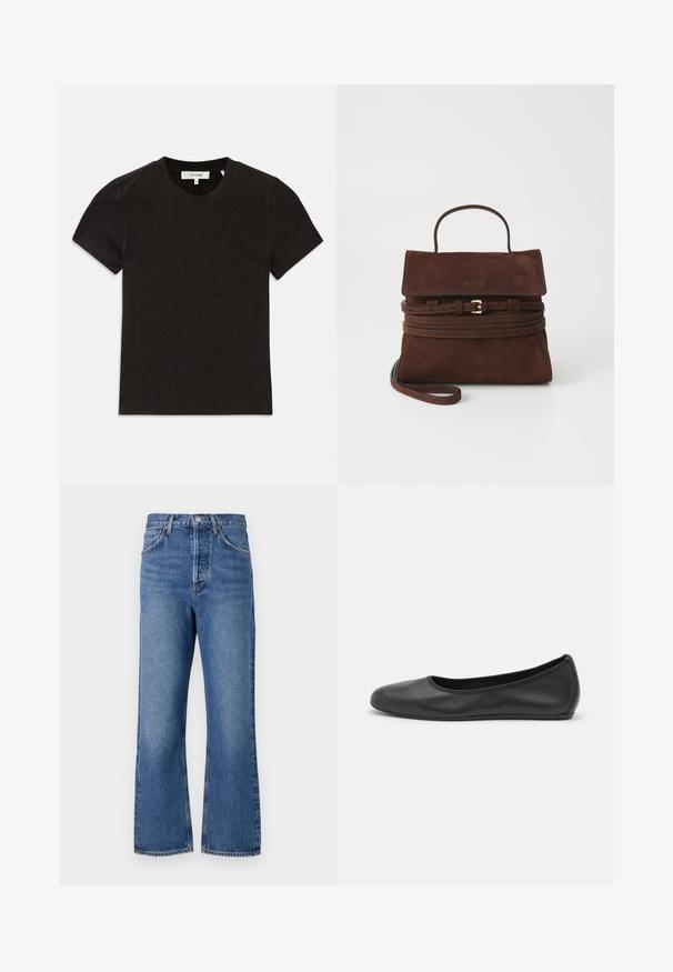 T-shirt noir à manches courtes en tricot côtelé avec encolure ronde et étiquette de marque visible au niveau du col.; Jean en denim bleu taille haute avec une coupe droite, featuring cinq poches et un léger délavage. Fermeture à bouton classique et accents de couture.; Ballerines en cuir noir avec un bout rond, texture lisse, détails de couture minimalistes et design de semelle flexible.; Sac à main en suède marron au design structuré, avec anse supérieure et bandoulière amovible. Dispose d'une fermeture rabat et d'accents en métal doré.