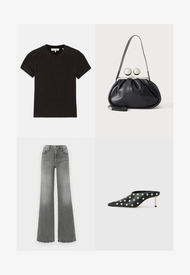 Sort kortærmet ribbet strik T-shirt med rund halsudskæring og synlig mærkelabel ved kraven.; Grå vide ben jeans lavet af denim. Har en høj talje, fire lommer og en let blegd effekt foran for ekstra tekstur.; STAND STUDIO KELSEY - Mules med hæl - black; Sort læderhåndtaske med opsamlet design, en enkelt rem, sølv metalramme og to store runde sølv lukninger.