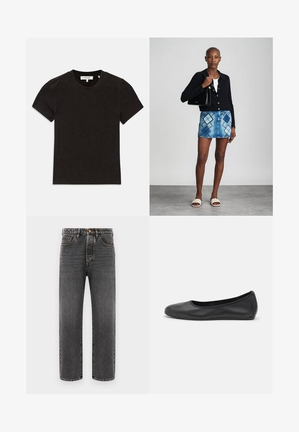 Zwarte t-shirt met korte mouwen van ribgebreid materiaal, voorzien van een ronde halslijn en zichtbaar merklabel op de kraag.; Donkergrijze jeans van denim, met een rechte pijp, vijf zakken en zichtbare stiksels. Knopenfly sluiting bij de taille.; Zwarte leren ballerina met een ronde neus, gladde textuur, minimale stikdetails en een flexibele zoolontwerp.; Zwarte gebreide cardigan, witte top, denimrok met blauw en zwart ruitpatroon, zwarte handtas en beige instapsandalen.