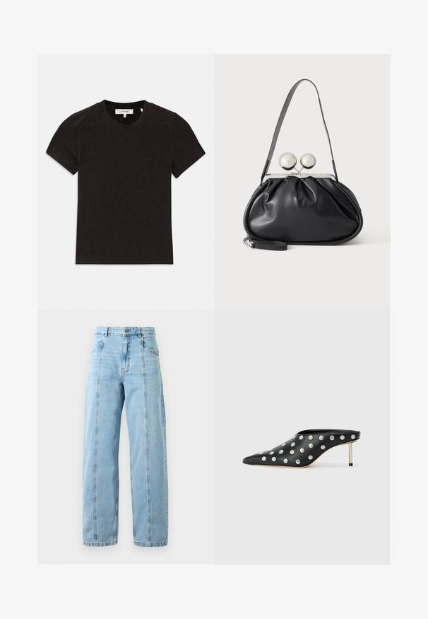 Zwarte t-shirt met korte mouwen van ribgebreid materiaal, voorzien van een ronde halslijn en zichtbaar merklabel op de kraag.; Lichtblauwe high-waist straight-leg jeans met voortseams, zijzakken, riemlussen en een metalen knoopsluiting.; STAND STUDIO KELSEY - Muiltjes met hak - black; Zwarte leren handtas met een geplooid ontwerp, een enkele schouderband, zilverkleurige metalen omlijsting en twee grote ronde zilveren sluitingen.