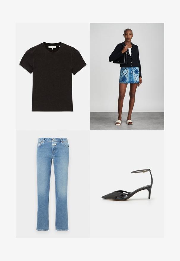 Sort kortærmet ribbet strik T-shirt med rund halsudskæring og synlig mærkelabel ved kraven.; Blå denim jeans med lige ben design, medium taljehøjde, fem lommer og subtil fading i hele stoffet.; Sort læder højhælet sko med spids tå, åbne sider og en tynd ankelrem med en lille guld detalje.; Sort striktrøje, hvid top, denimnederdel med blå og sort diamantmønster, sort håndtaske og beige slidesandaler.
